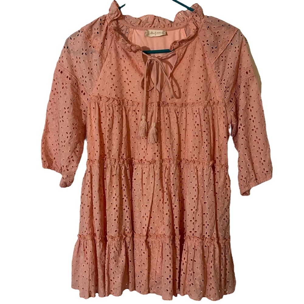 Altar'd State Pink Eyelet Ruffle Tiered Boho Flowy Top Short Mini Dress Size S - Picture 3 of 6